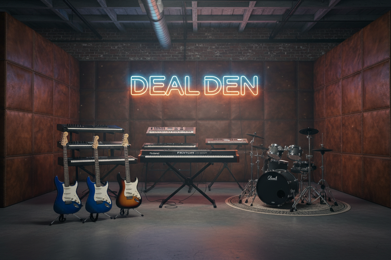 Discounted musical instruments at Deal Den liquidation store, Greenville SC