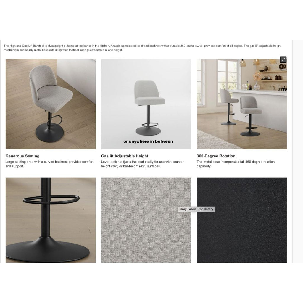 Highland Gas-Lift Adjustable Bar Stool With Gray Upholstery & Black Metal Base 360° Swivel Seat Height 25.5"-33.2" New in box