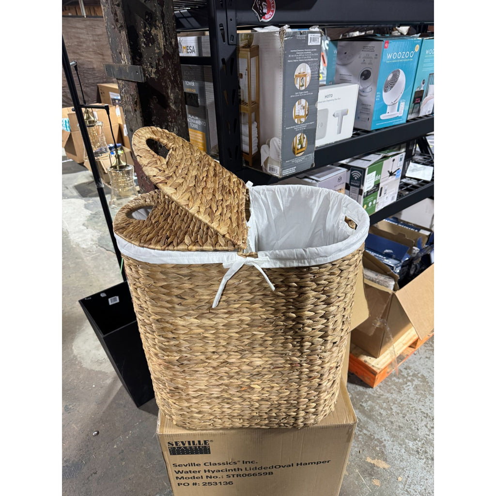 Seville Classics Water Hyacinth Lidded Oval Hamper With Removable Liner And Handles For Easy Laundry Organization