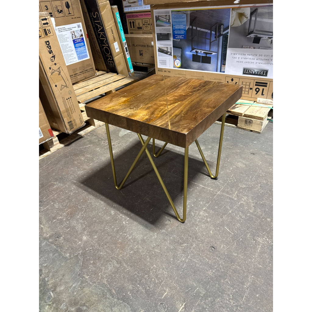 Thane End Table Mango Wood Warm Honey Finish Brass Inlays Iron Base Modern Rustic Fully Assembled 22"x22"x22" By Adalyn Home