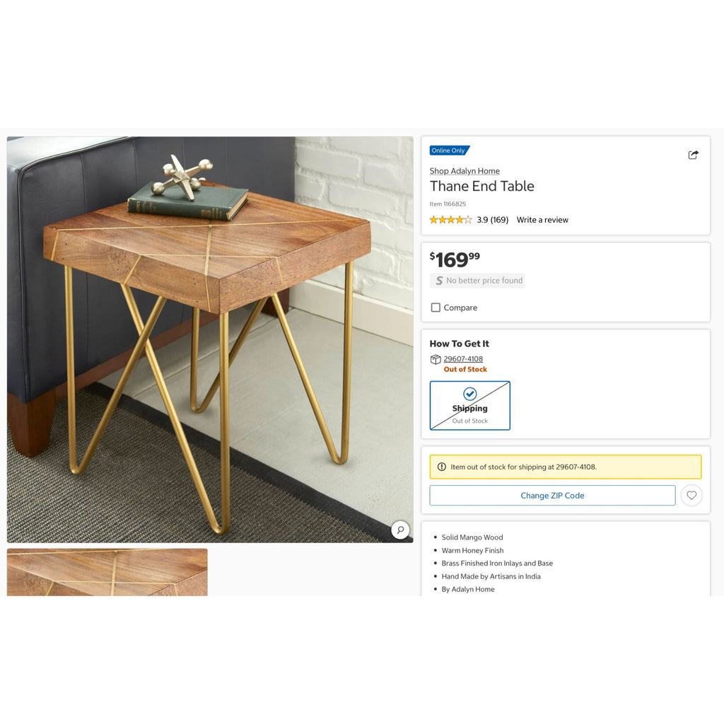 Thane End Table Mango Wood Warm Honey Finish Brass Inlays Iron Base Modern Rustic Fully Assembled 22"x22"x22" By Adalyn Home