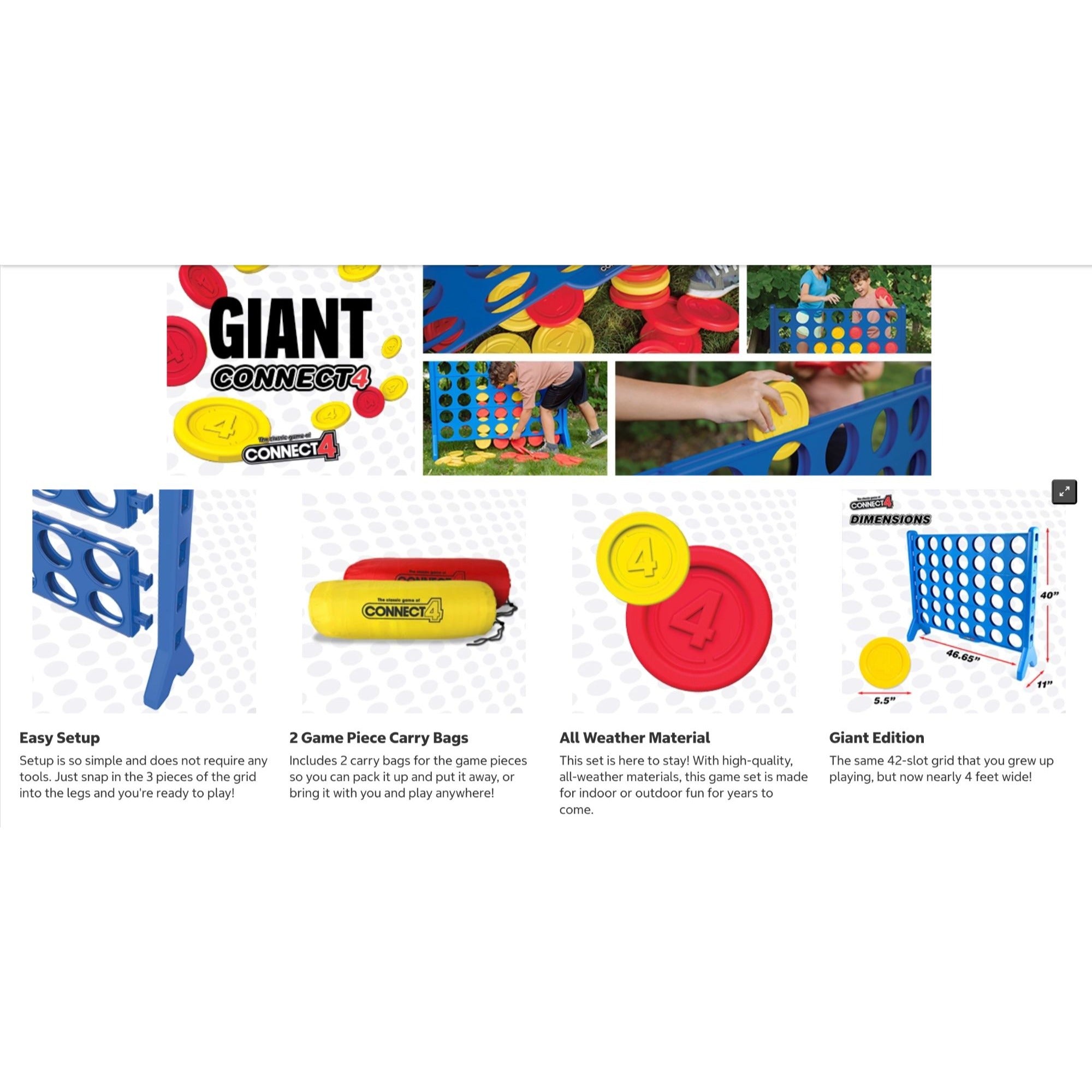 Connect 4 Giant Edition Outdoor Family Game 42-Slot Grid With Red & Yellow Discs