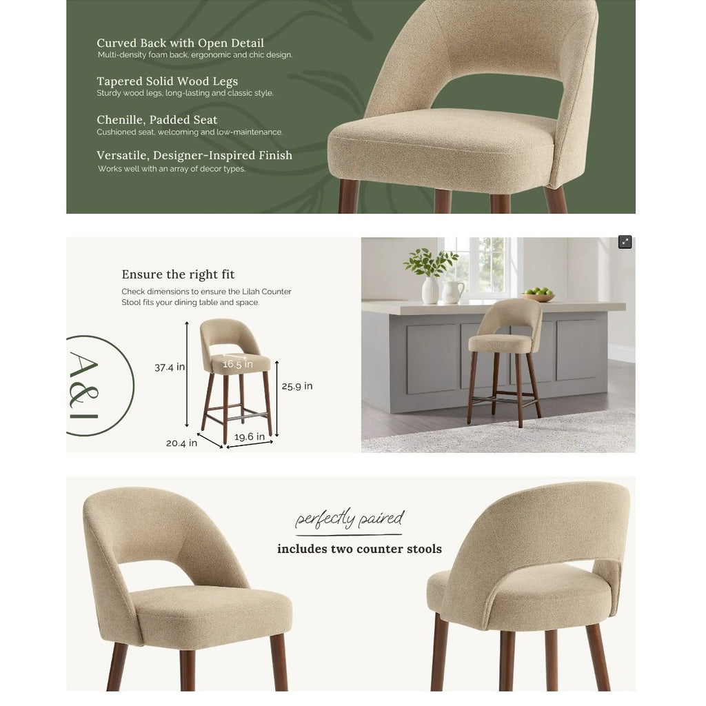 Aiden & Ivy Lilah Two-Pack Fabric Counter Stools Tan Upholstery Walnut Finish Designer-Inspired 37.4" H x 20.4" W Greenguard Certified