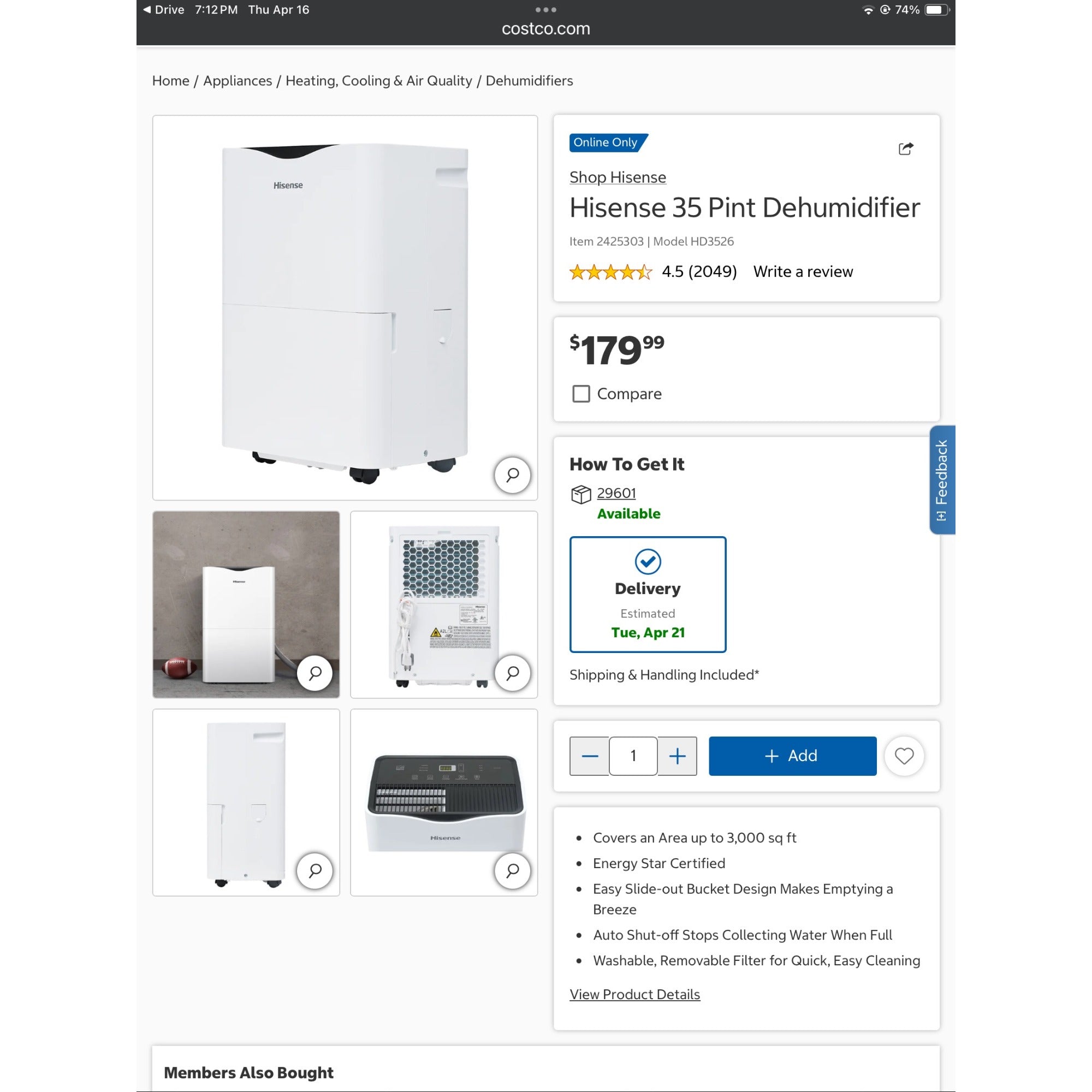 Hisense 35 Pint Dehumidifier Energy Star Model HD356C