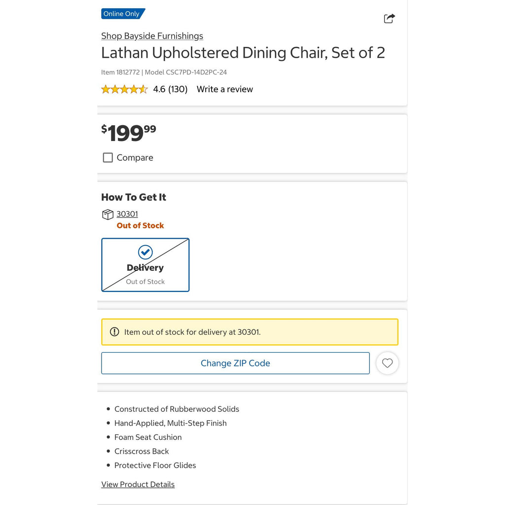 Bayside Furnishings Dining Chair Set 2 Rubberwood Foam New