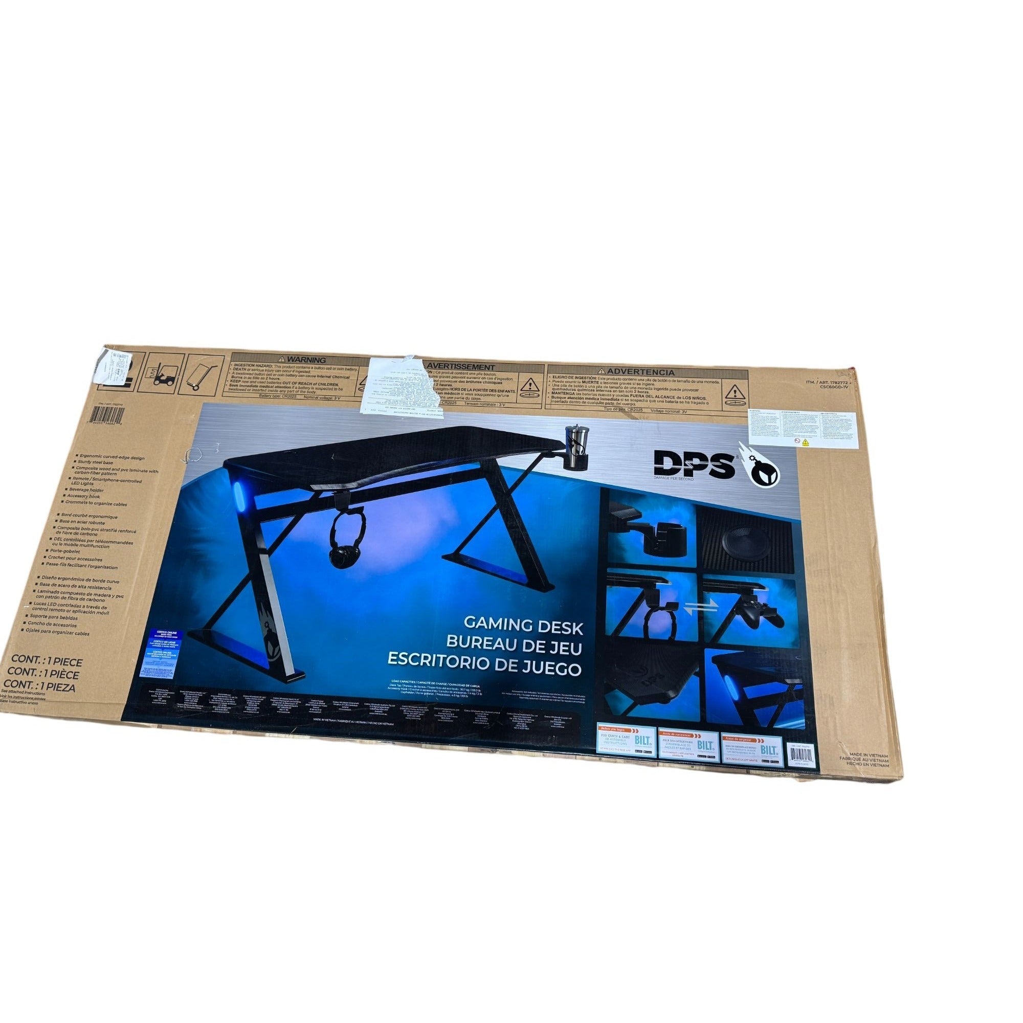 DPS Radius 60" Gaming Desk With LED Lights Carbon-Fiber Finish Cup Holder & Accessory Hook