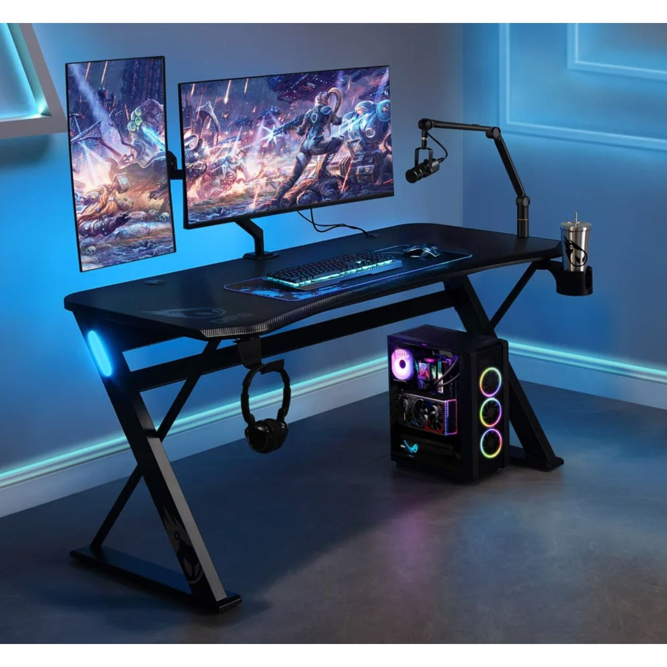 DPS Radius 60" Gaming Desk With LED Lights Carbon-Fiber Finish Cup Holder & Accessory Hook