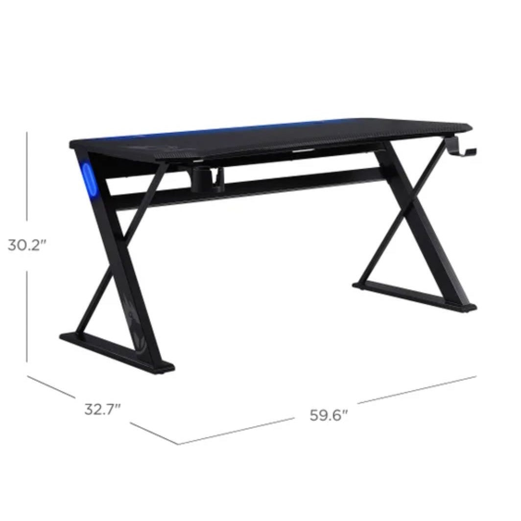 DPS Radius 60" Gaming Desk With LED Lights Carbon-Fiber Finish Cup Holder & Accessory Hook
