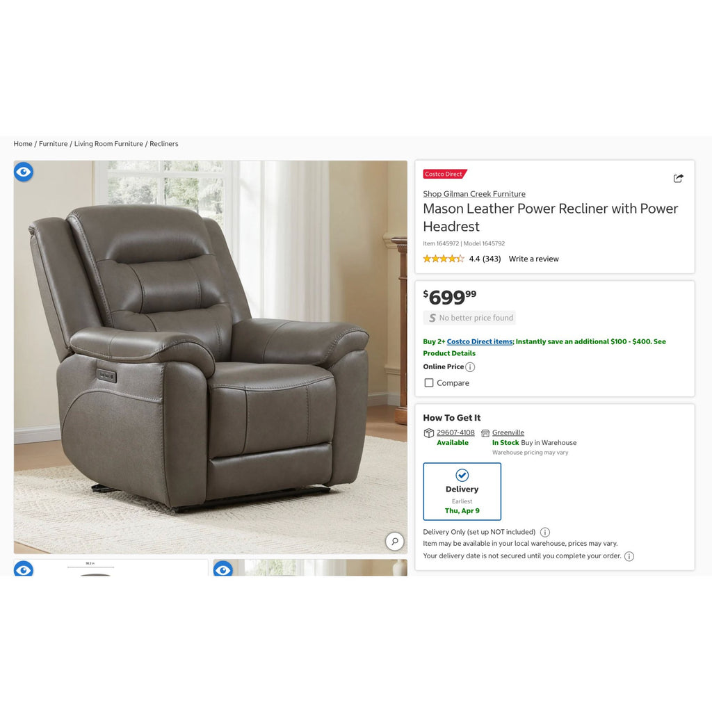Mason Leather Power Recliner With Power Headrest By Gilman Creek In Taupe - Top Grain Leather - USB Ports