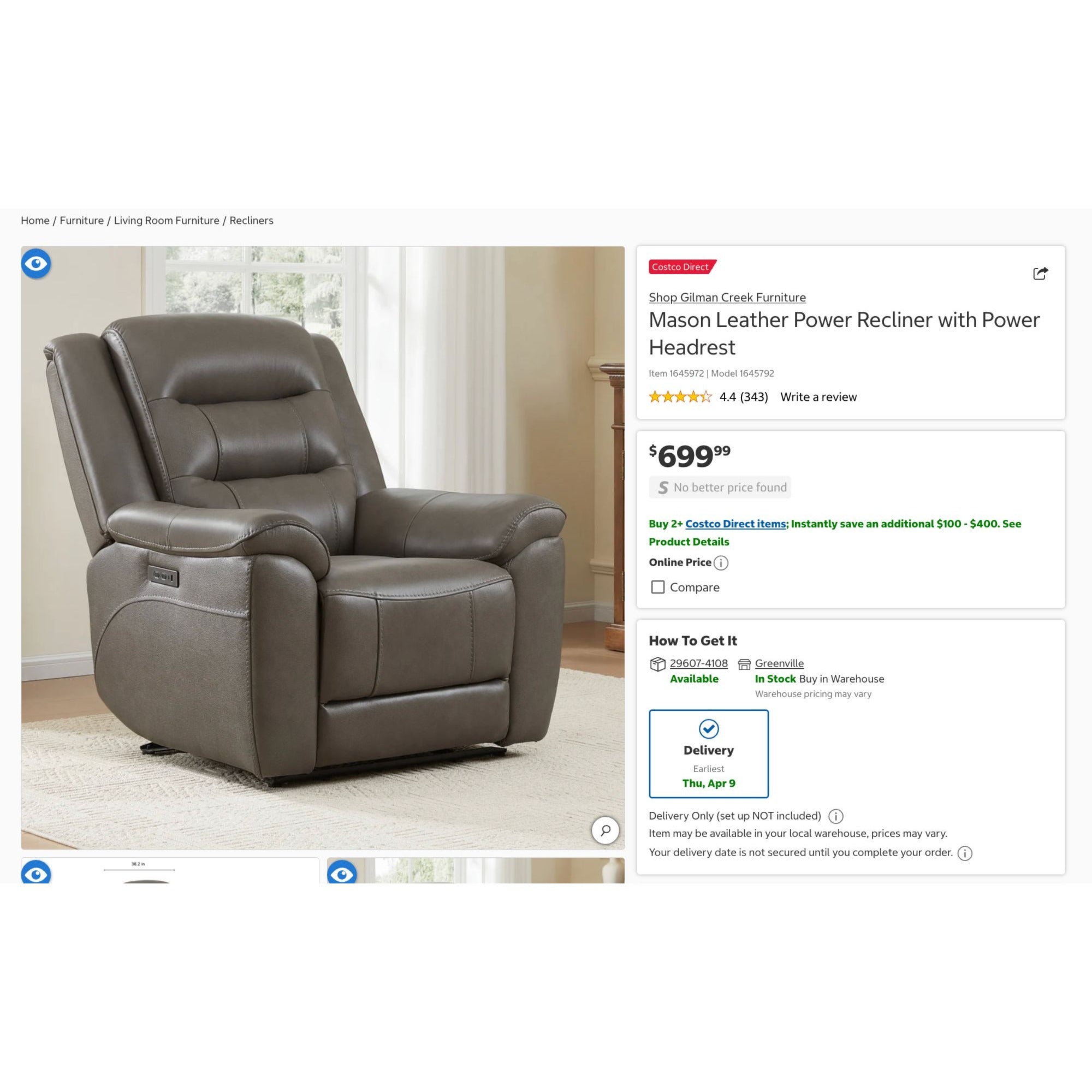 Mason Leather Power Recliner With Power Headrest By Gilman Creek In Taupe - Top Grain Leather - USB Ports