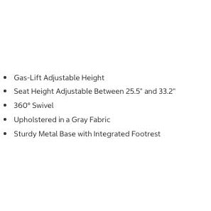 Highland Gas-Lift Adjustable Bar Stool With Gray Upholstery & Black Metal Base 360° Swivel Seat Height 25.5"-33.2" New in box