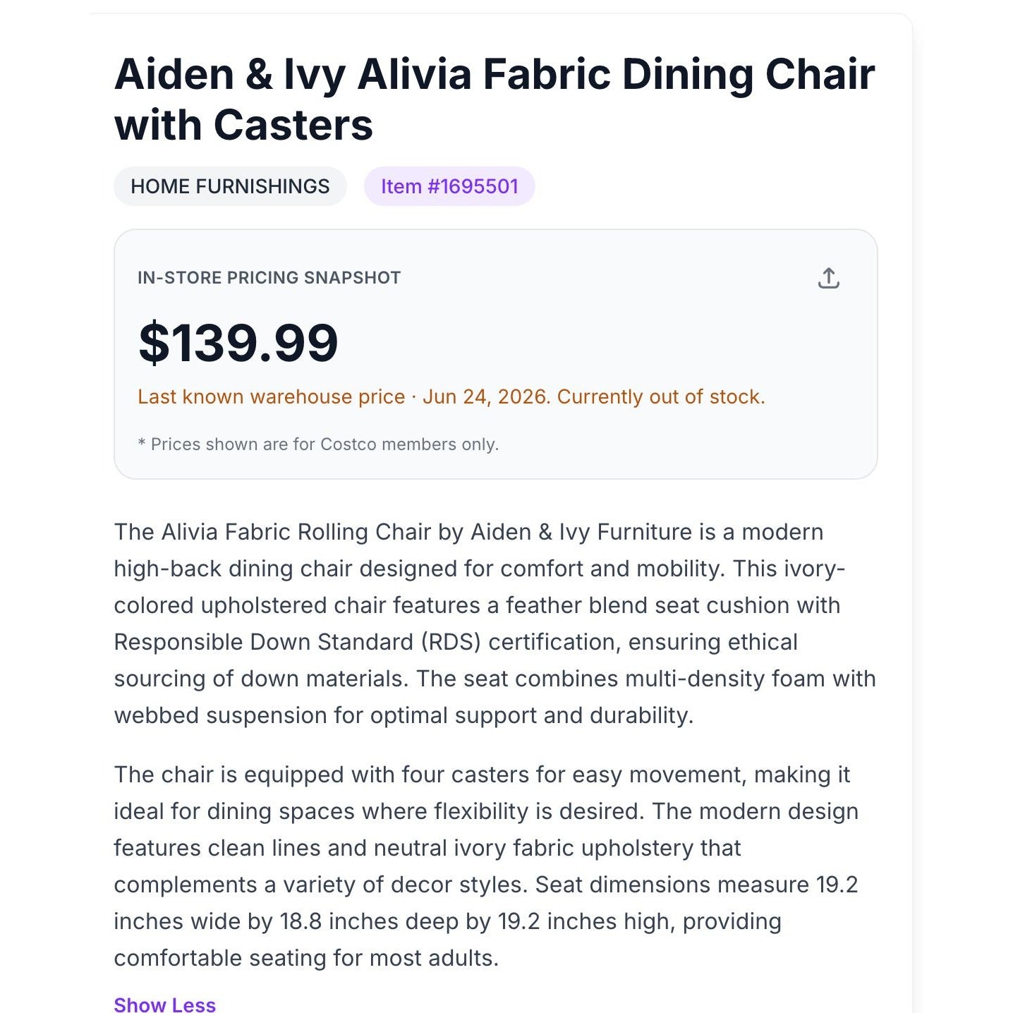Aiden & Ivy Alivia Fabric Dining Chair Ivory RDS Certified