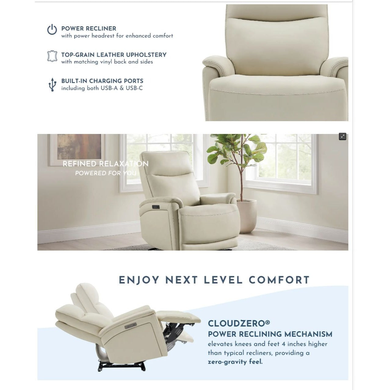 Sanders Leather Power Recliner With Power Headrest & USB Charging Ports