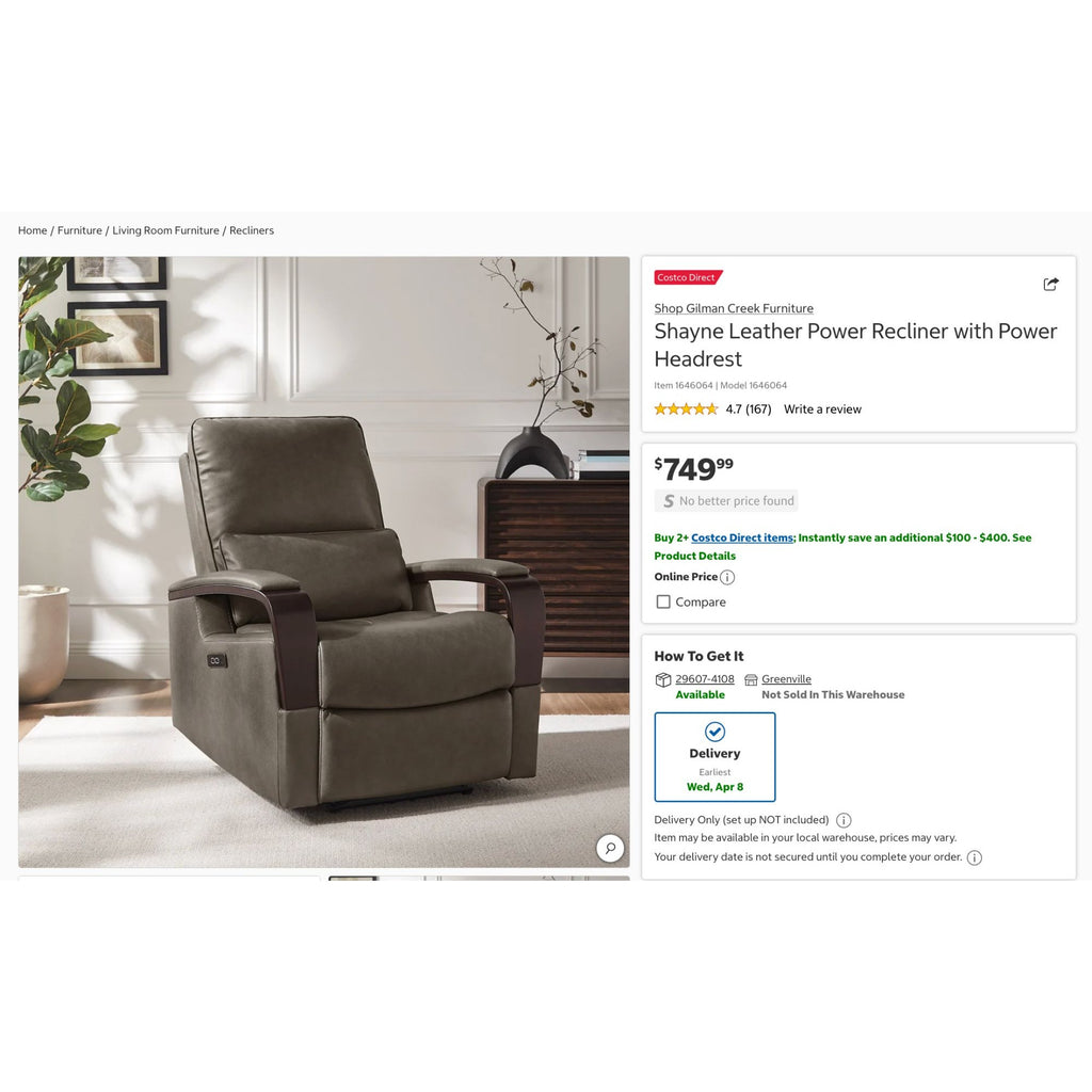 Gilman Creek Transitional Taupe Leather Power Recliner With Power Headrest & USB Ports