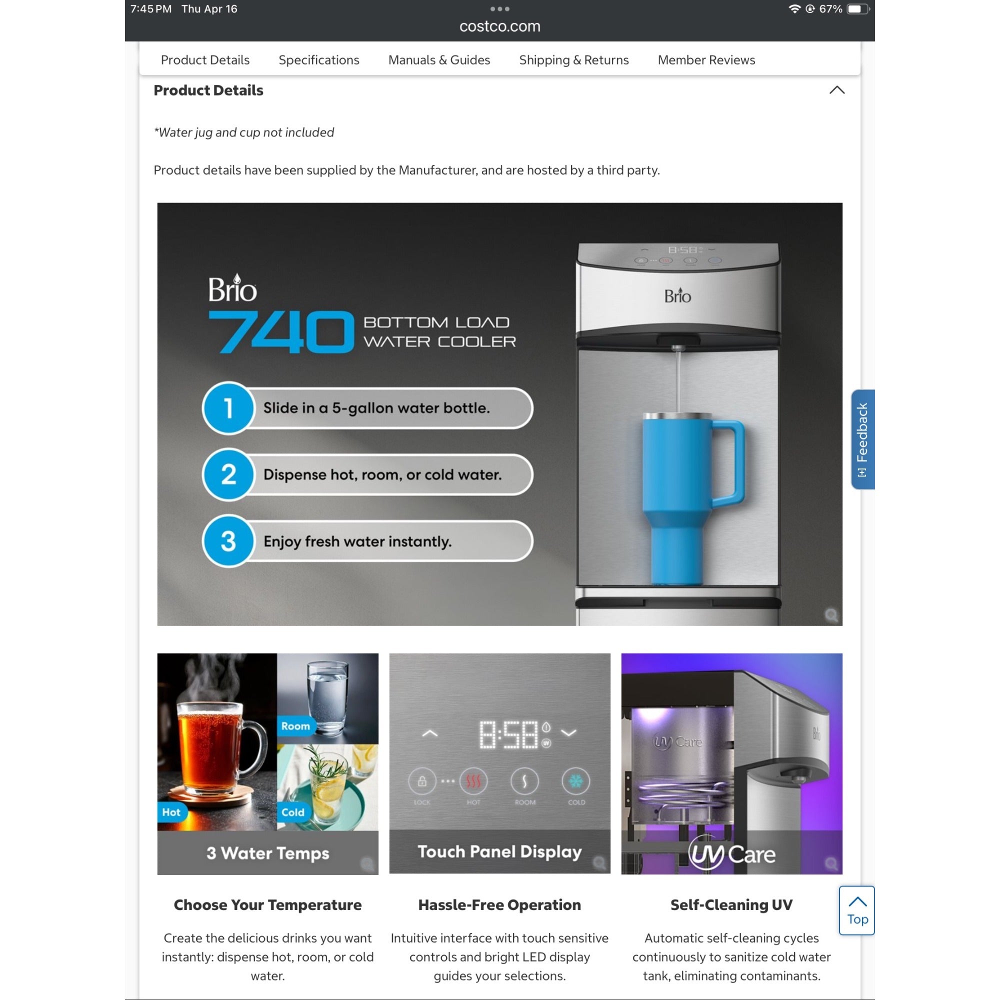 Brio 740 Series Bottom Load Water Cooler w/ UV Light