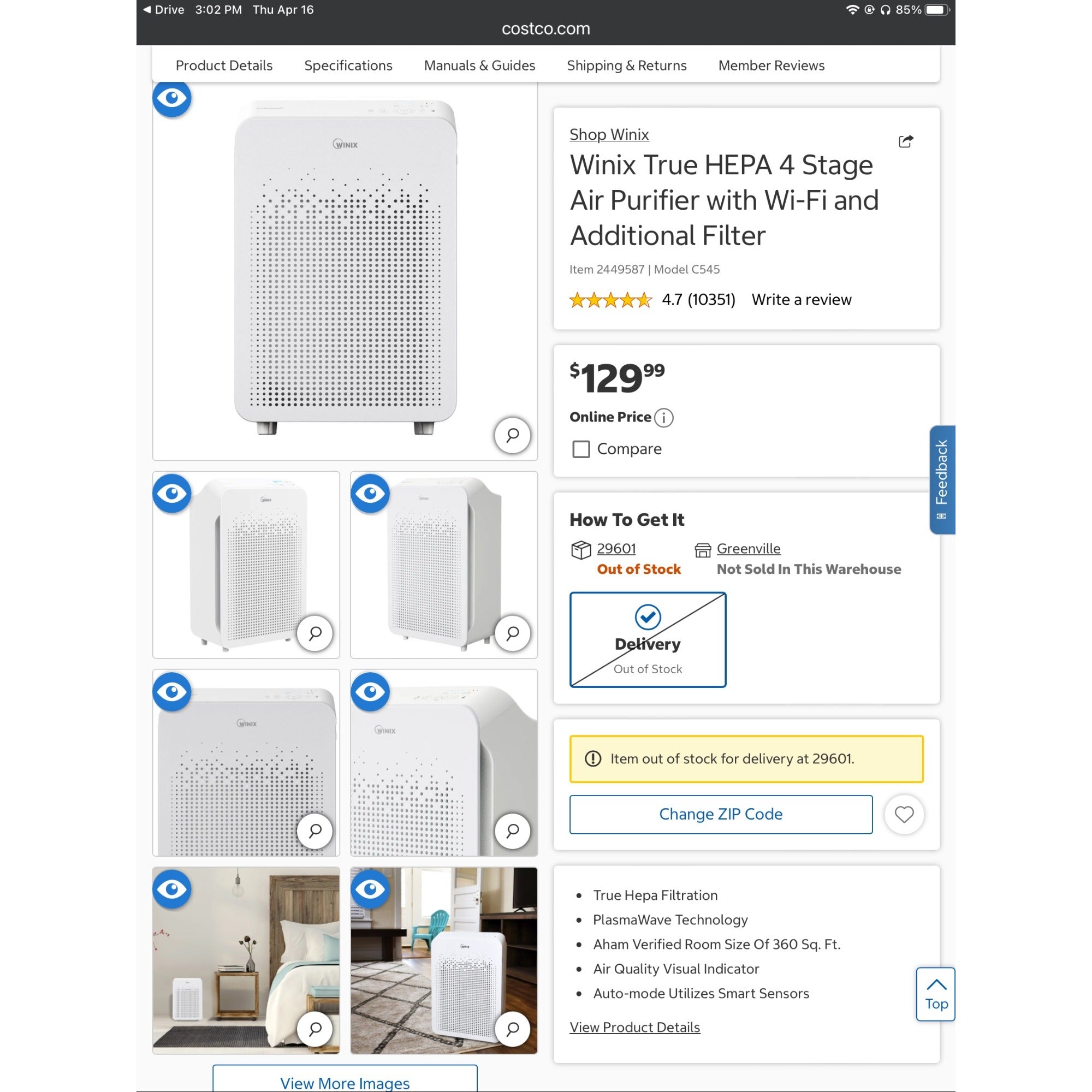 Winix Air Purifier Wi-Fi True HEPA 360 Sq. Ft. White