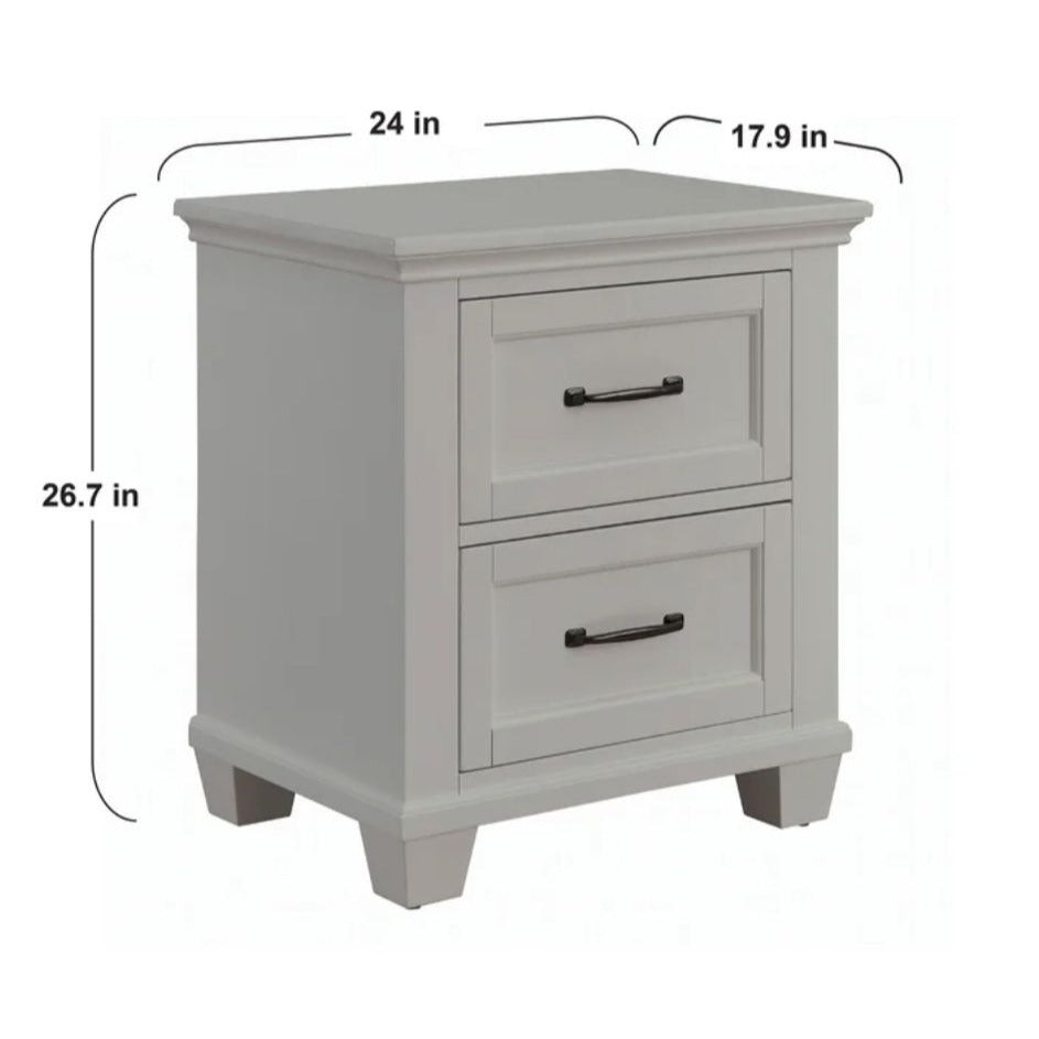 Hughes Soft Gray 2-Drawer Nightstand With USB-C & Power Outlets 24" x 17.9" x 26.7" Rubberwood & Birch Veneer
