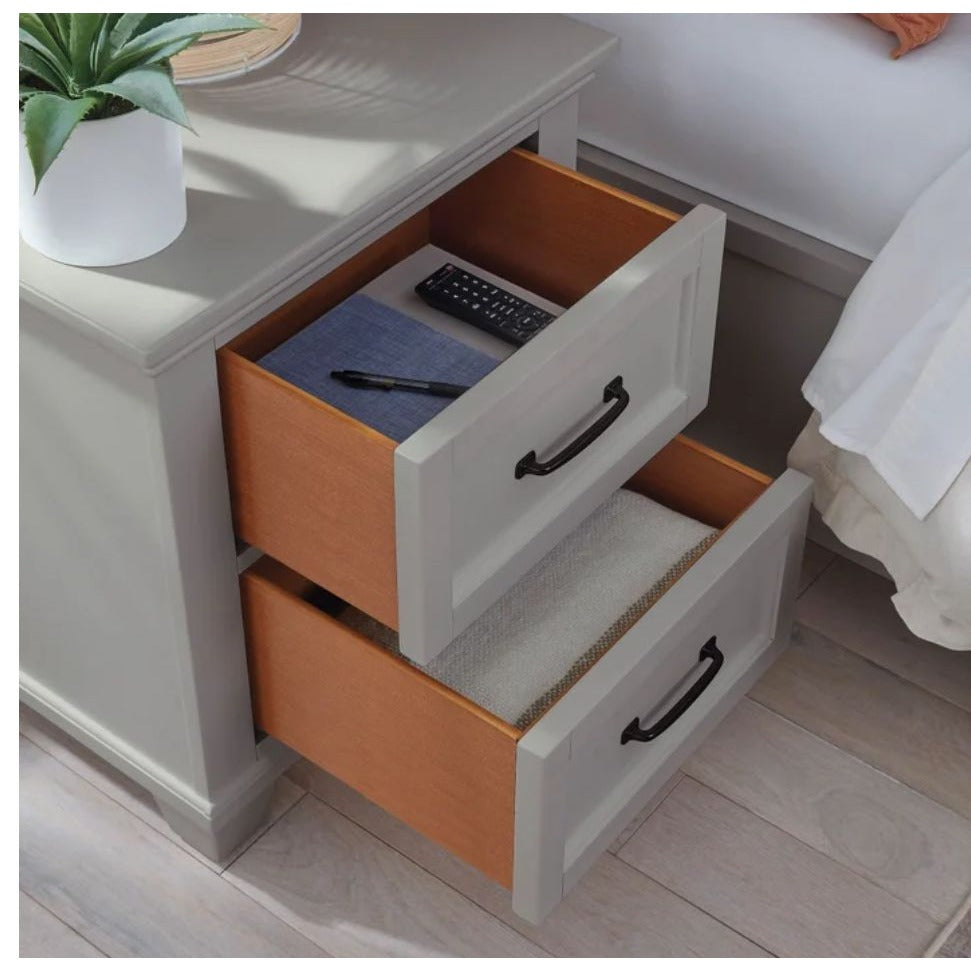 Hughes Soft Gray 2-Drawer Nightstand With USB-C & Power Outlets 24" x 17.9" x 26.7" Rubberwood & Birch Veneer