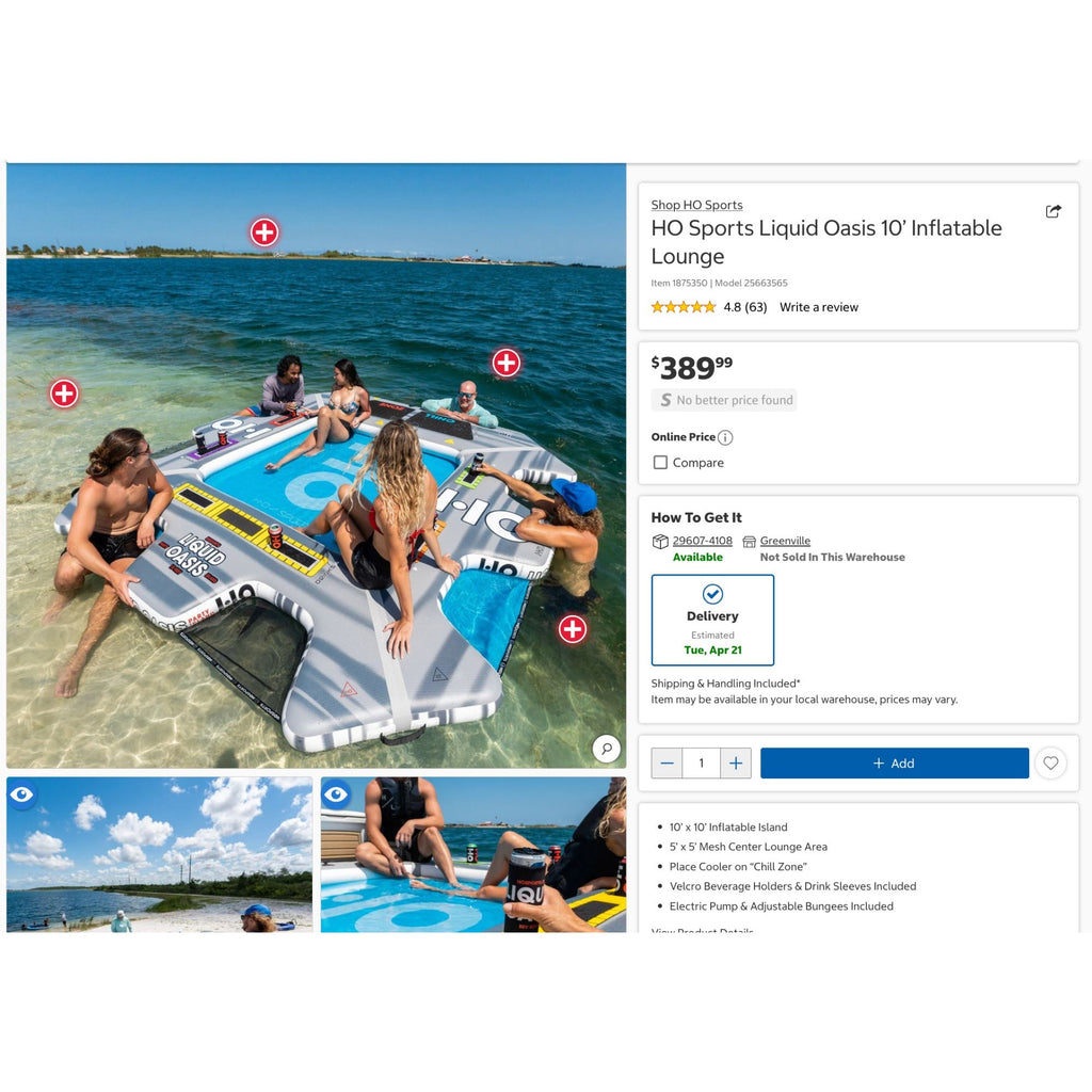 HO Sports Liquid Oasis Inflatable Island 10x10 With Pump