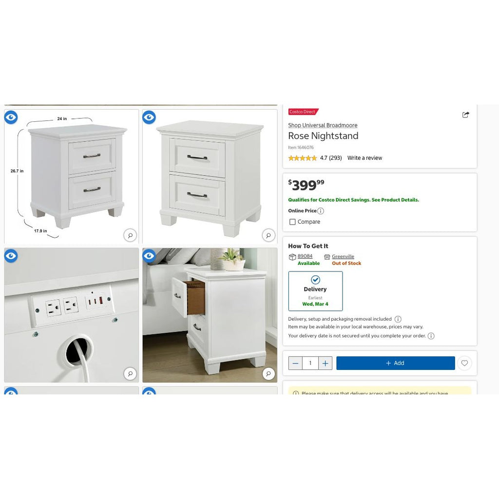 Rose White Nightstand With 2 Drawers Power Outlets USB Ports Rubberwood & Birch Veneer Soft-Close Guides 26.7" H X 24" W X 17.9" D
