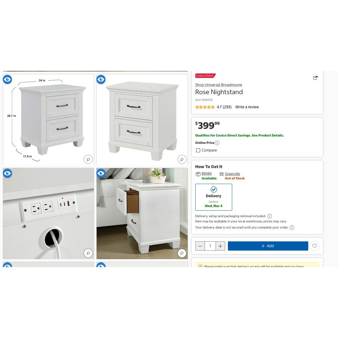 Rose White Nightstand With 2 Drawers Power Outlets USB Ports Rubberwood & Birch Veneer Soft-Close Guides 26.7" H X 24" W X 17.9" D