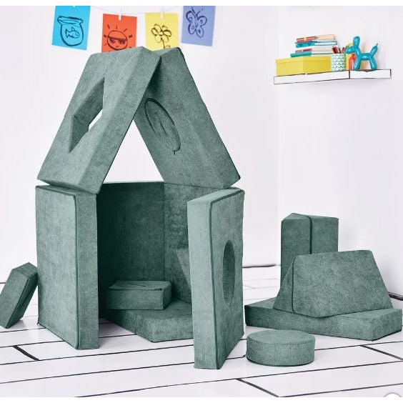 Yourigami Kids Convertible Play Fort Modular Foam Cushion Set - Dark Green With Washable Covers