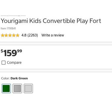 Yourigami Kids Convertible Play Fort Modular Foam Cushion Set - Dark Green With Washable Covers