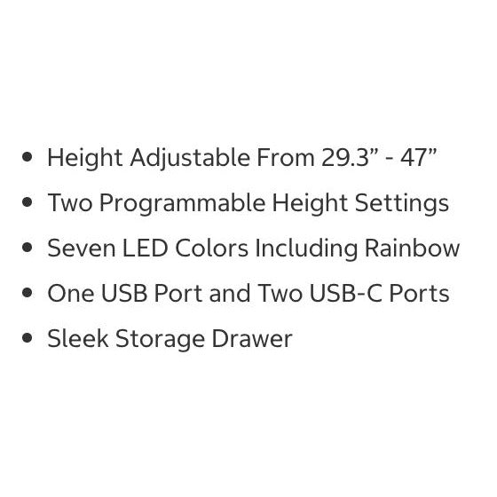 Tresanti Aurora 47” Adjustable Height Desk With LED Lighting & USB Ports
