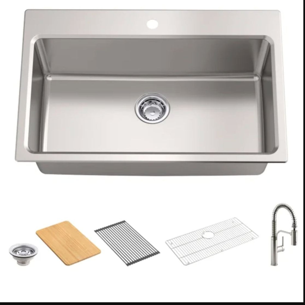 Kohler Provo 33" Dual Mount Single-Bowl Workstation Kitchen Sink Kit Stainless Steel