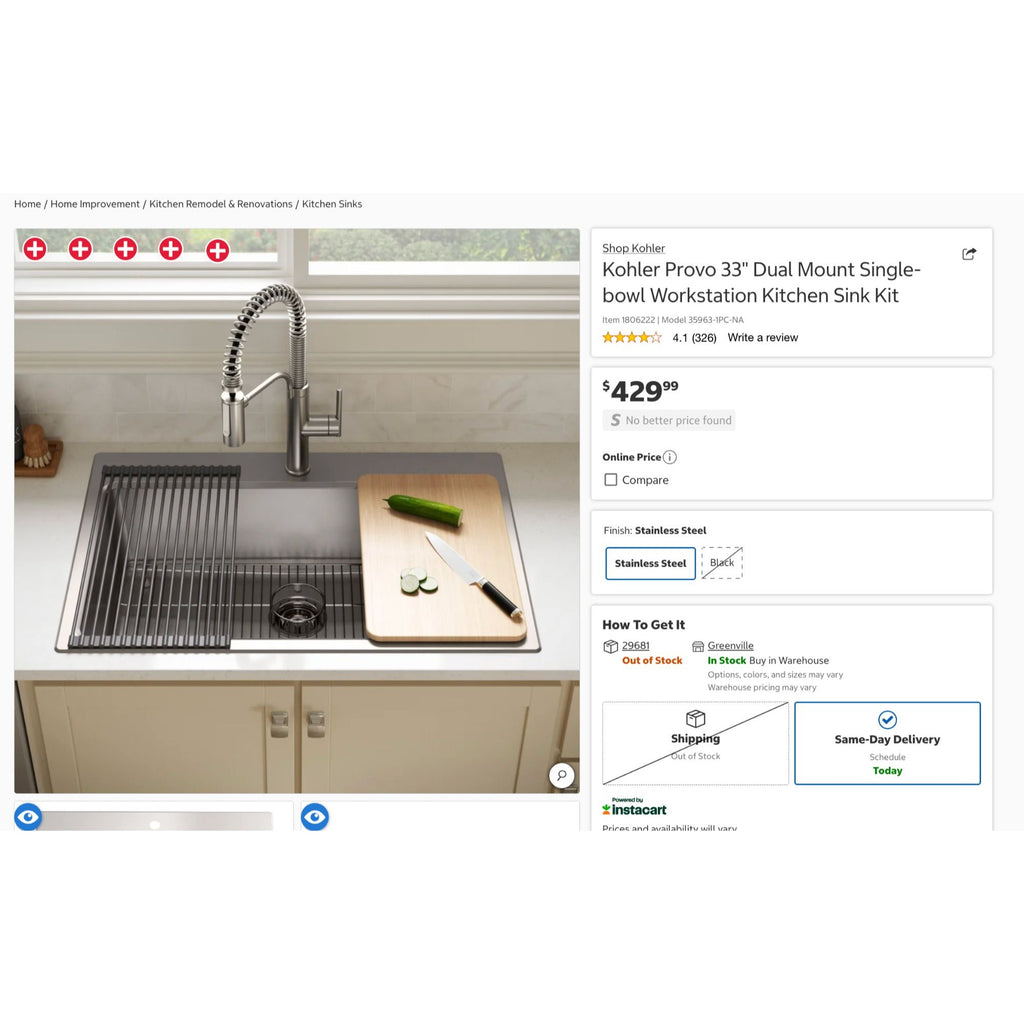 Kohler Provo 33" Dual Mount Single-Bowl Workstation Kitchen Sink Kit Stainless Steel