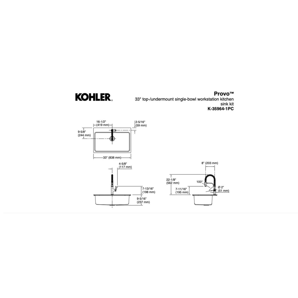 Kohler Provo 33" Dual Mount Single-Bowl Workstation Kitchen Sink Kit Stainless Steel