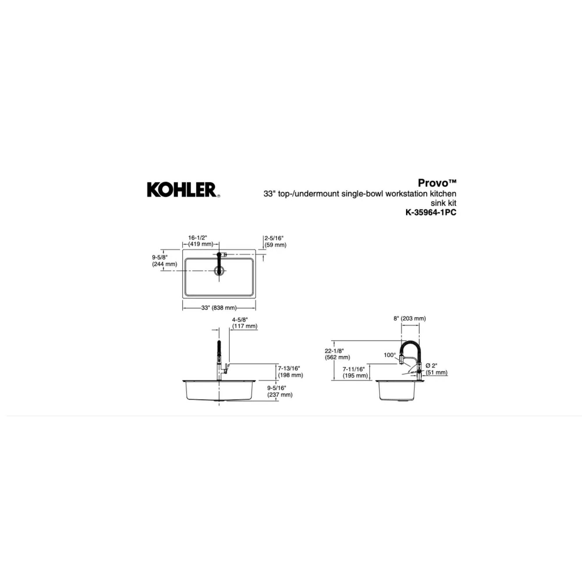 Kohler Provo 33" Dual Mount Single-Bowl Workstation Kitchen Sink Kit Stainless Steel