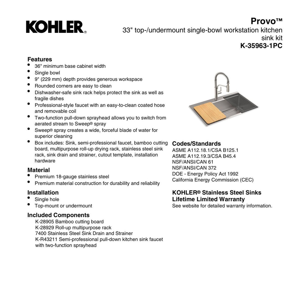 Kohler Provo 33" Dual Mount Single-Bowl Workstation Kitchen Sink Kit Stainless Steel
