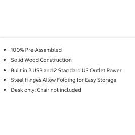 Stakmore Pre-Assembled Solid Wood Folding Desk With USB & Power Outlets