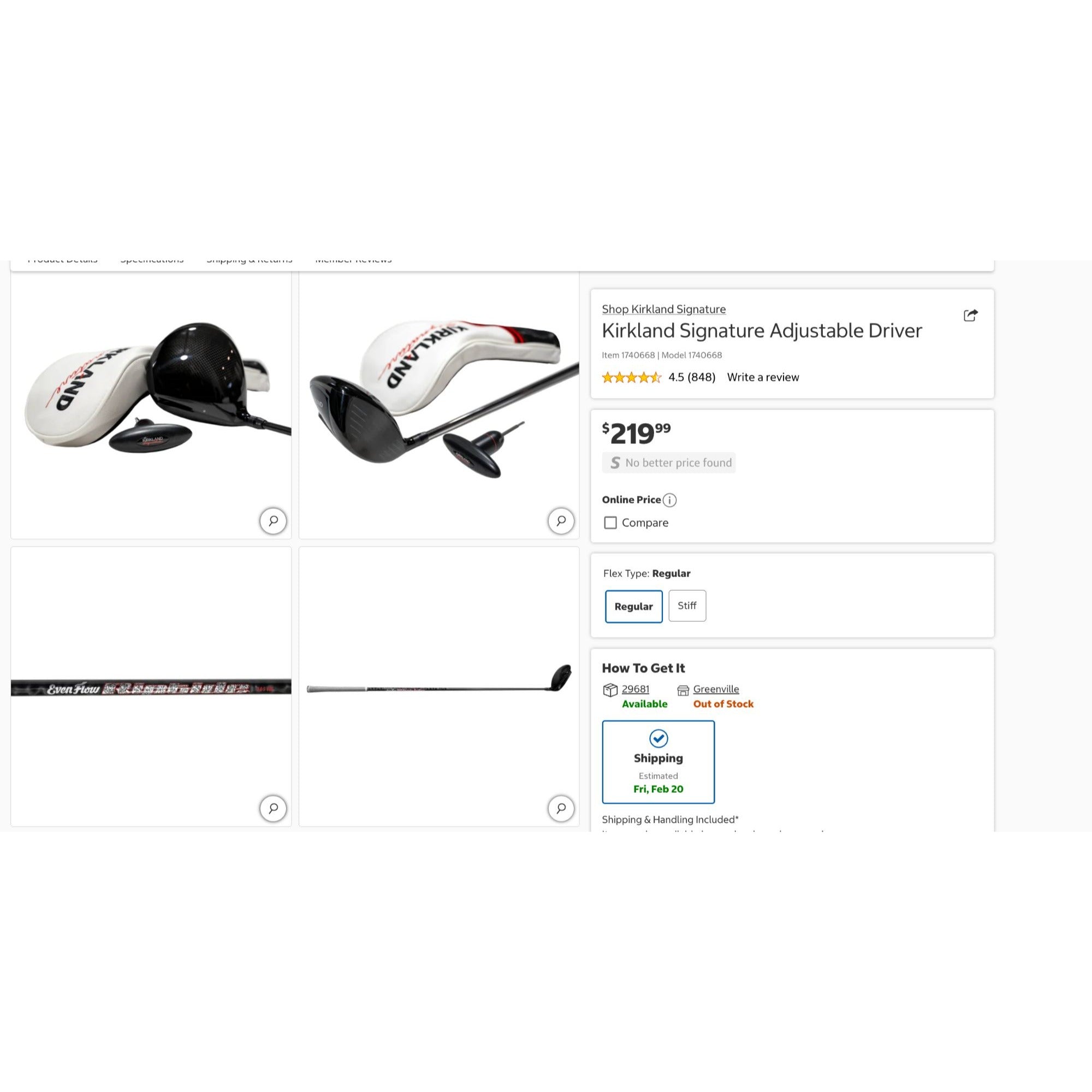 Kirkland Signature Adjustable Right Handed Golf Driver With Graphite Shaft & Headcover Regular flex